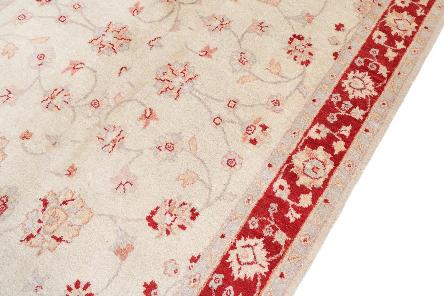 Close-up of a floral-patterned rug with a red border on a white background