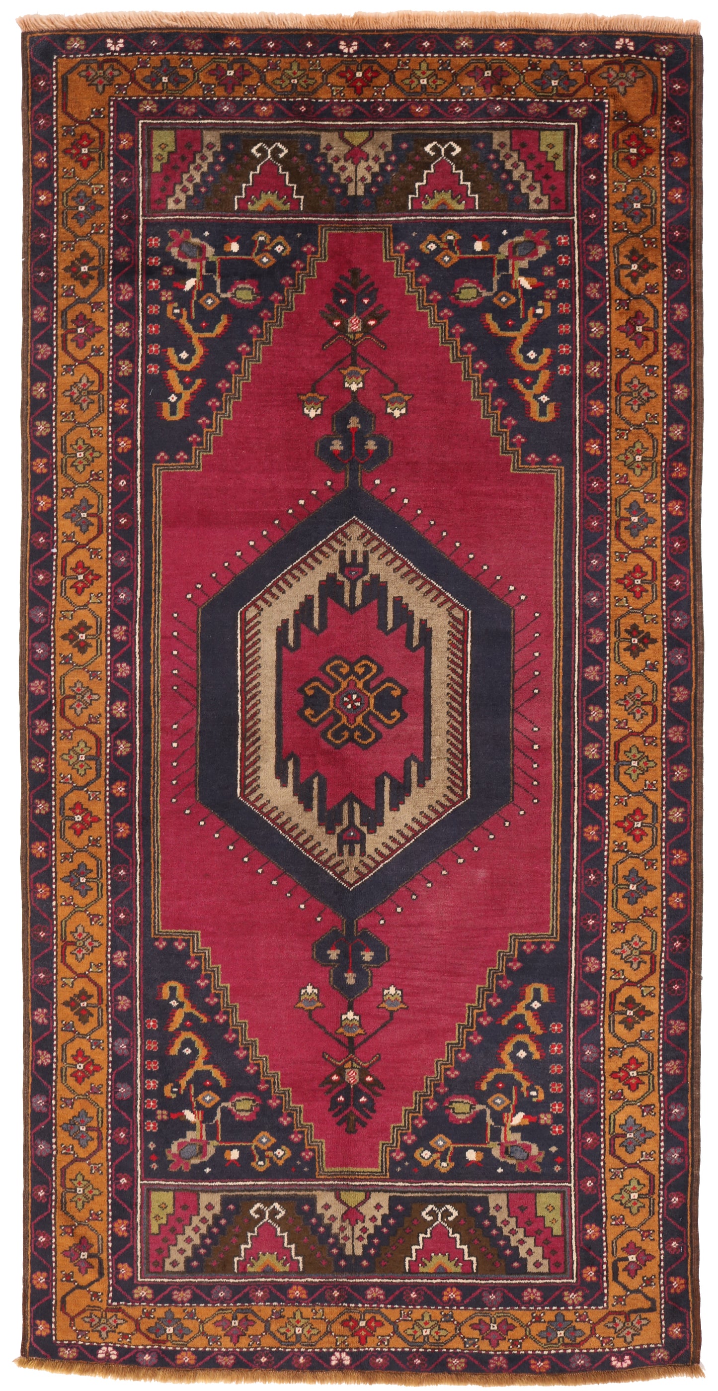 Decorative rug with geometric pattern on a red background