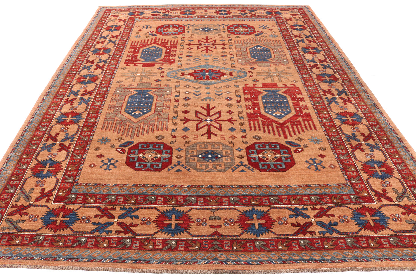 Decorative rug with intricate patterns on a white background