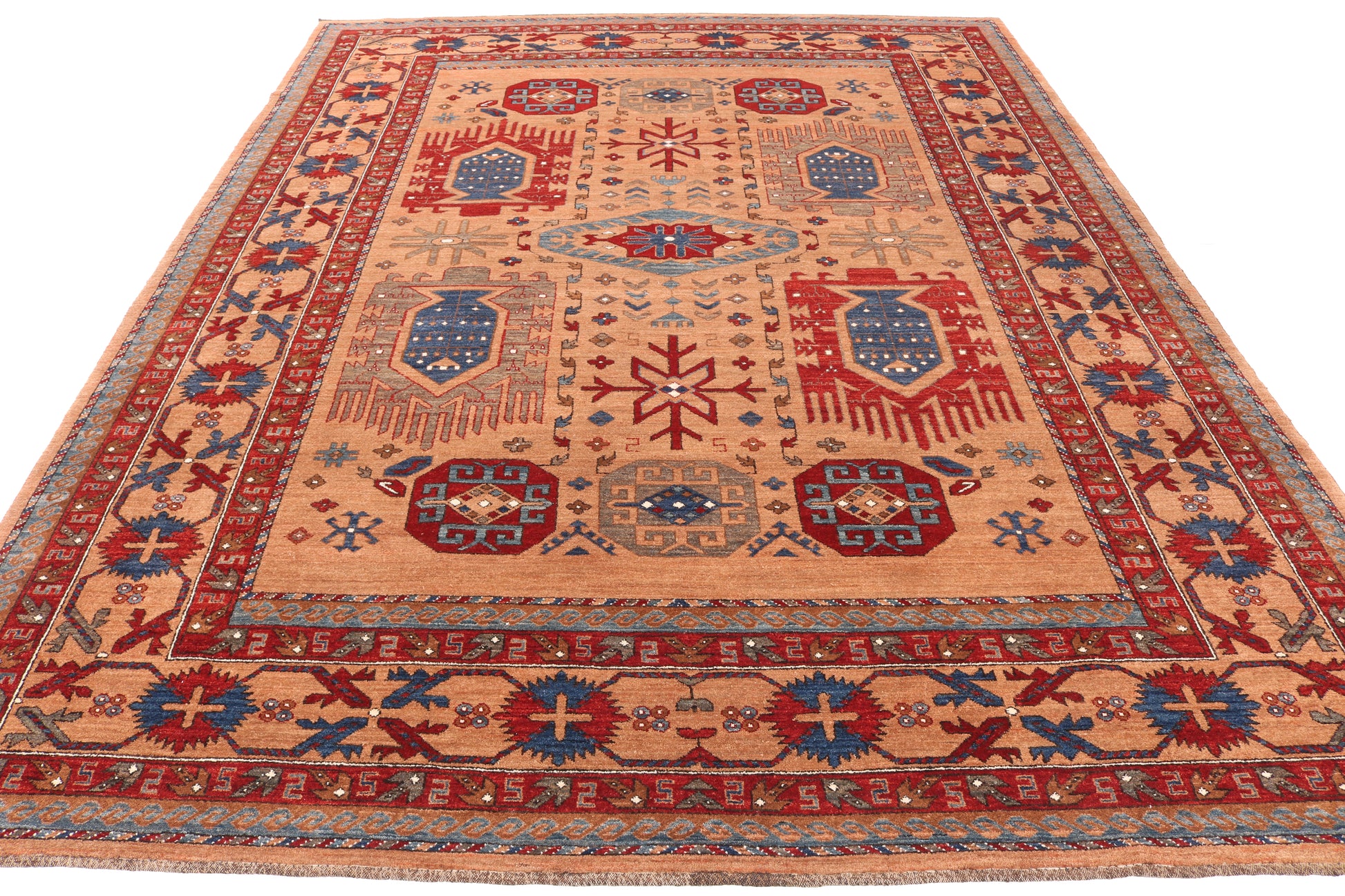 Decorative rug with intricate patterns on a white background