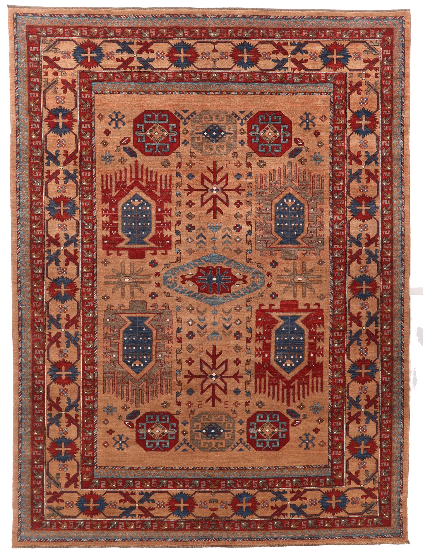 Decorative rug with intricate patterns on a plain background