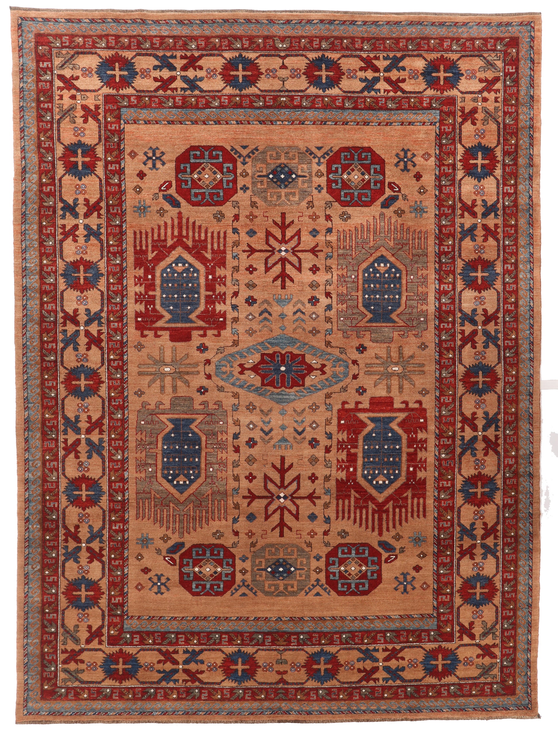 Decorative rug with intricate patterns on a plain background