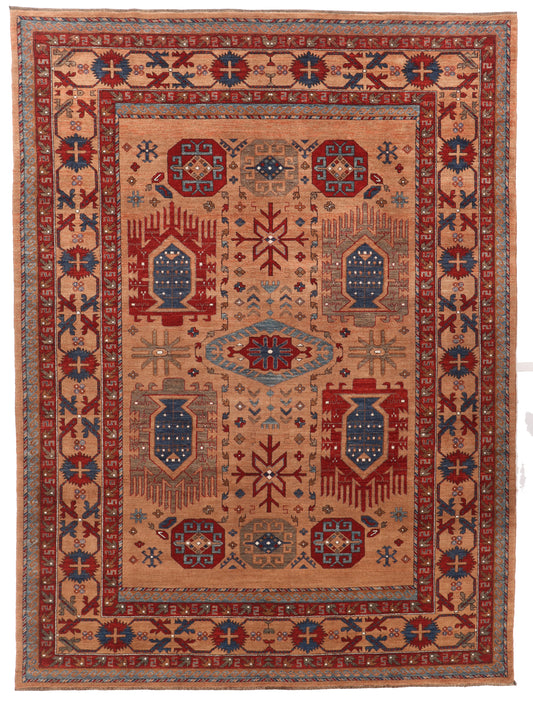 Decorative rug with intricate patterns on a plain background