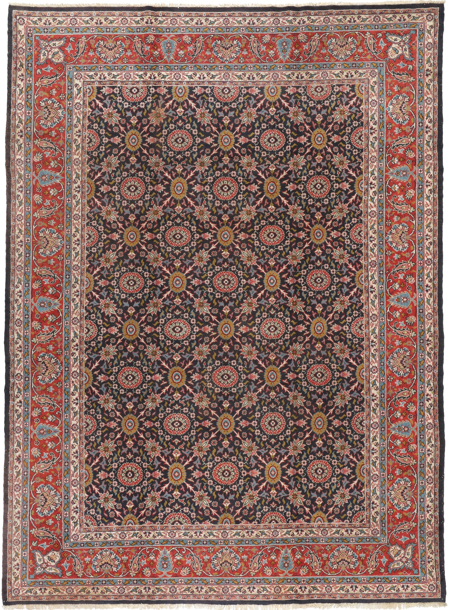 Decorative rug with intricate patterns and a colorful border