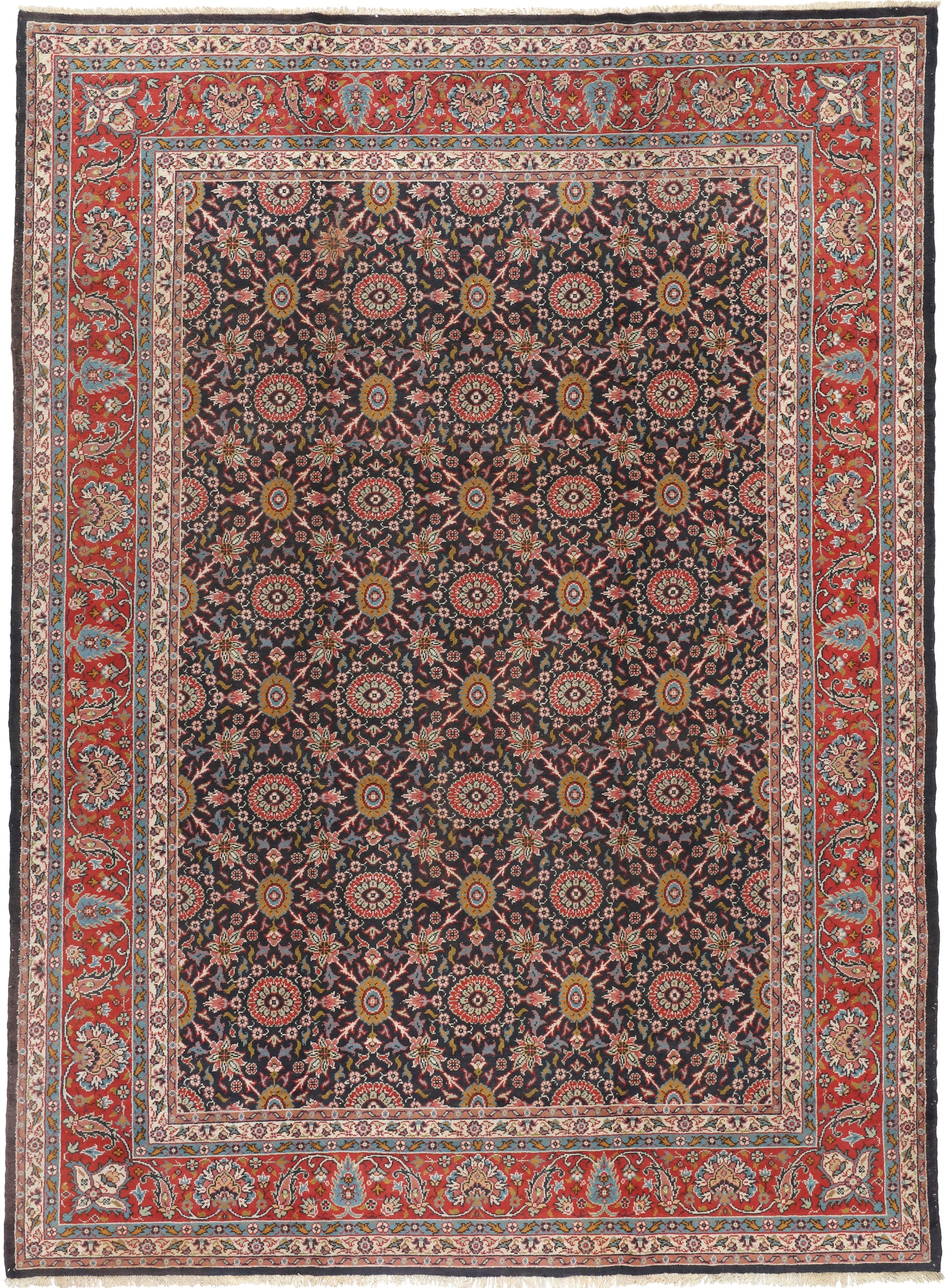 Decorative rug with intricate patterns and a colorful border