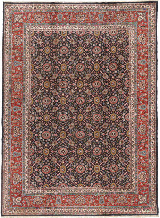 Decorative rug with intricate patterns and a colorful border