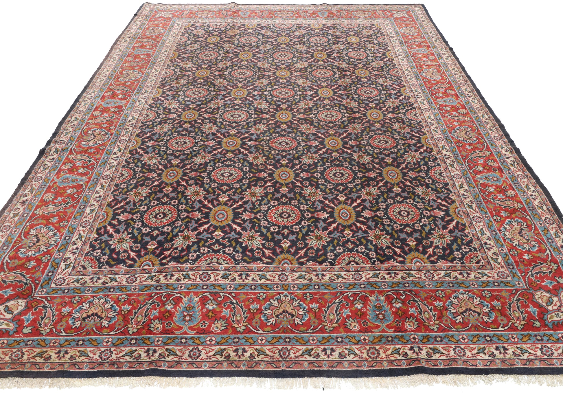 Decorative rug with intricate patterns on a plain background