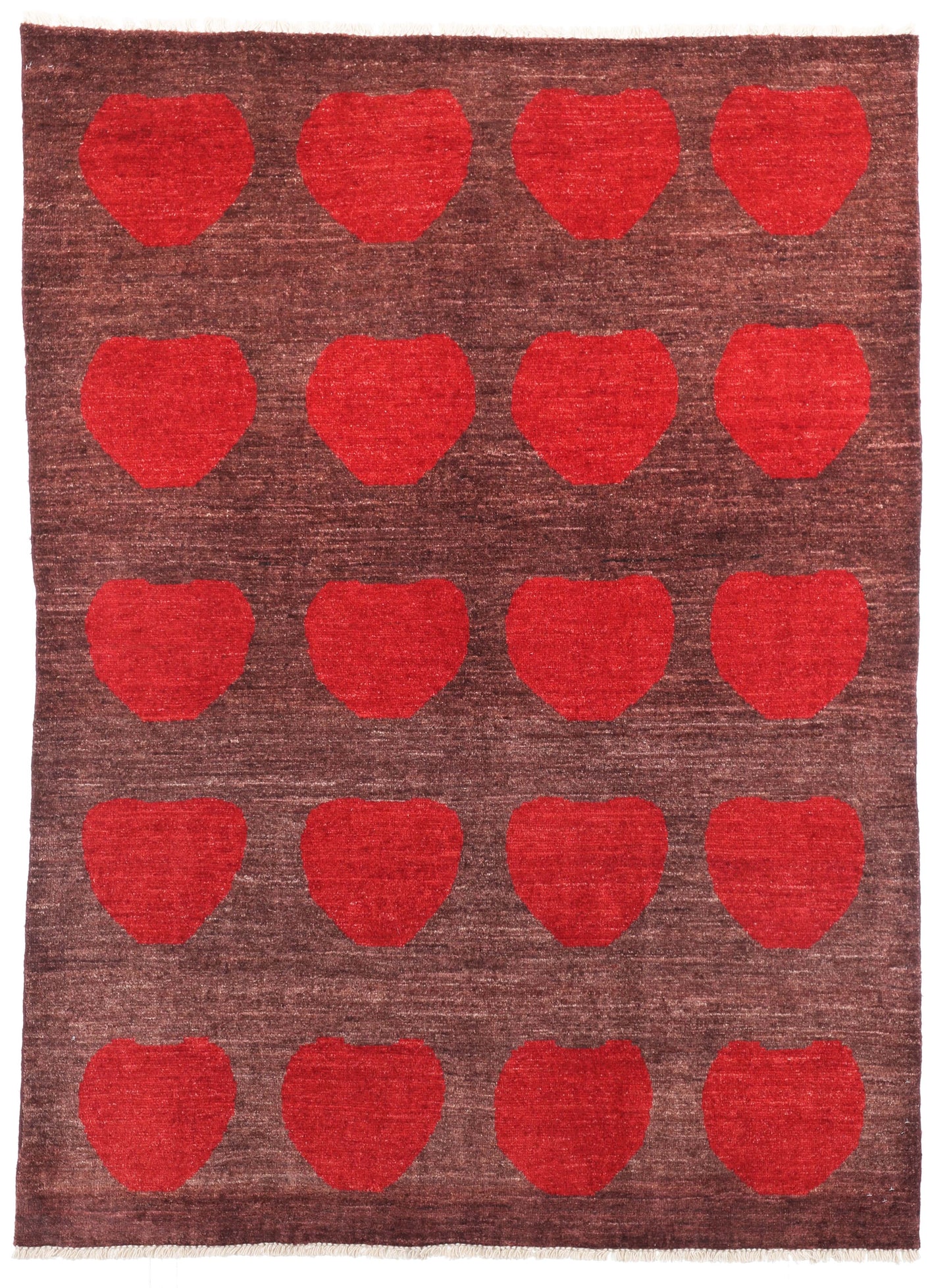 Hand-knotted Modern rug with a contemporary red heart design on a warm brown wool background, 7.8 x 5.6 ft for hire.