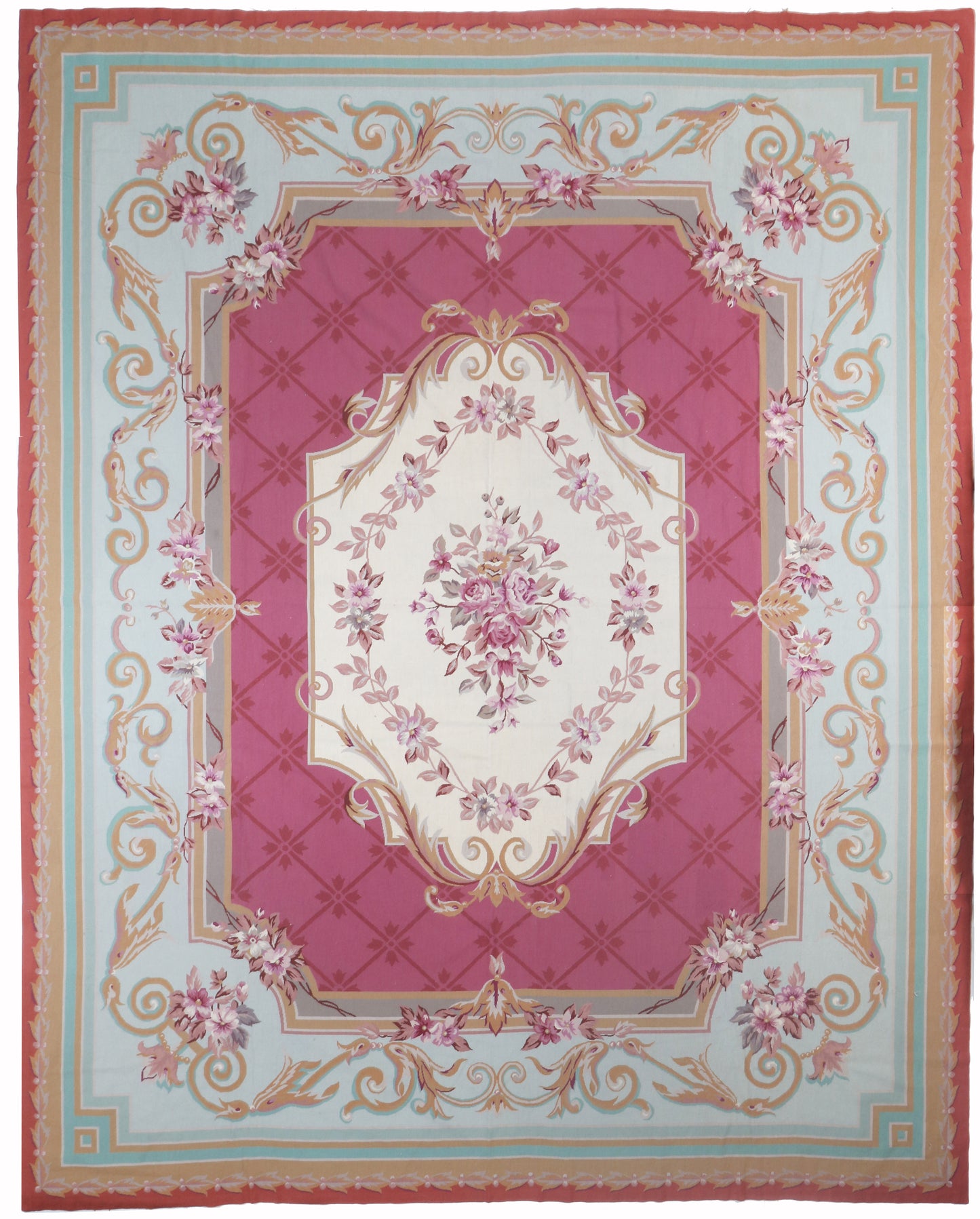 Decorative rug with floral and geometric patterns on a light blue background