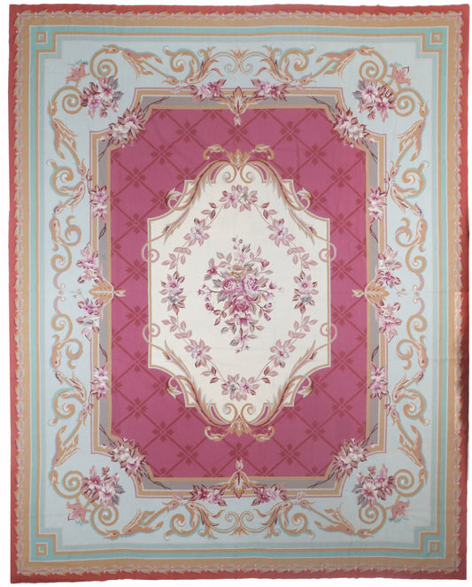 Decorative rug with floral and geometric patterns on a light blue background