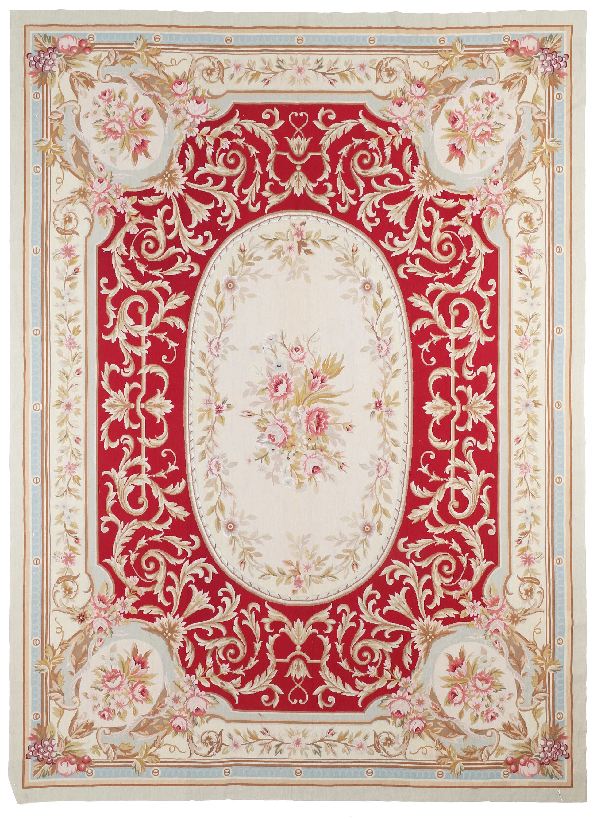 Decorative rug with intricate floral and paisley patterns on a red background