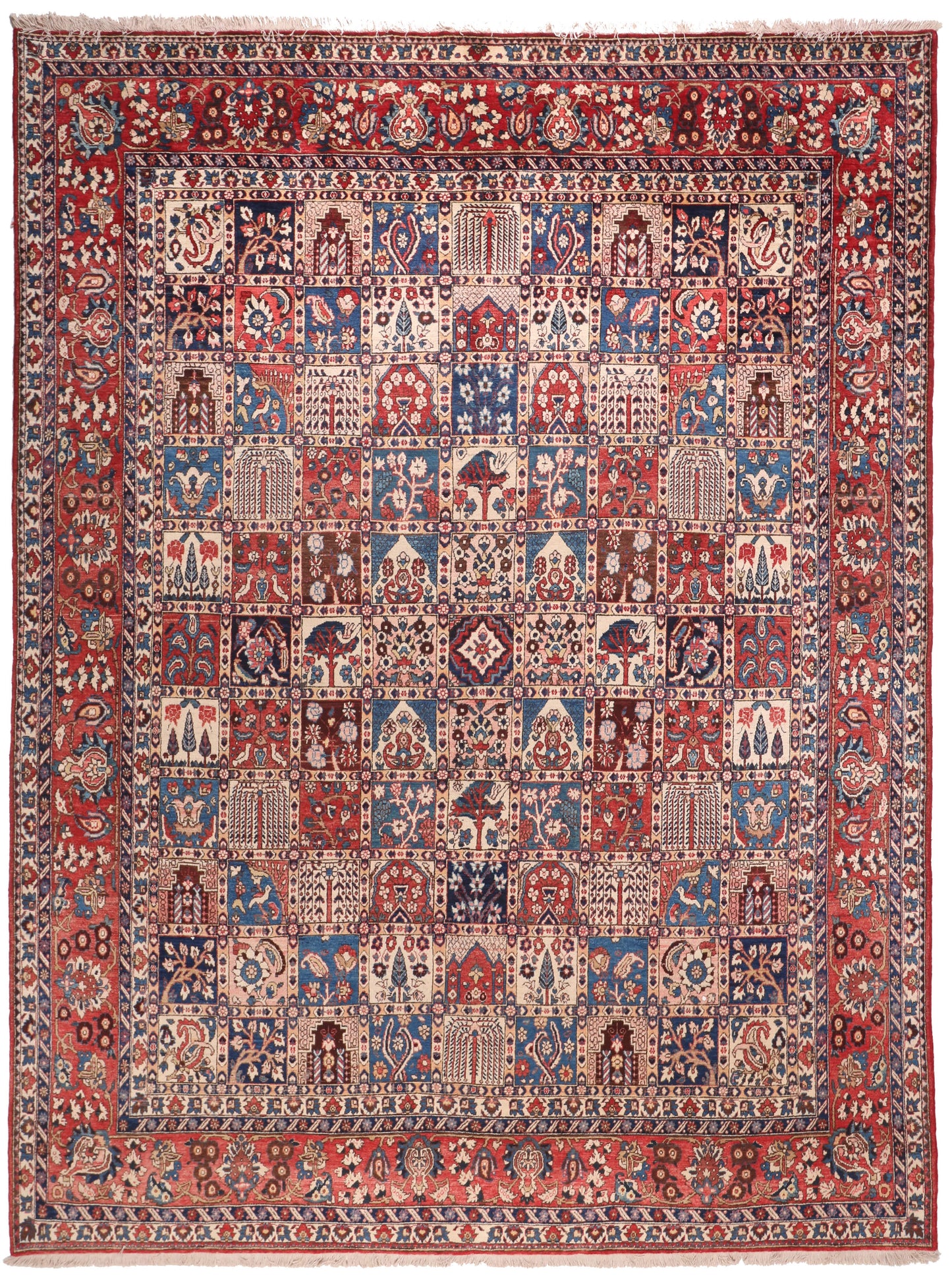 Decorative rug with intricate patterns and colors on a plain background