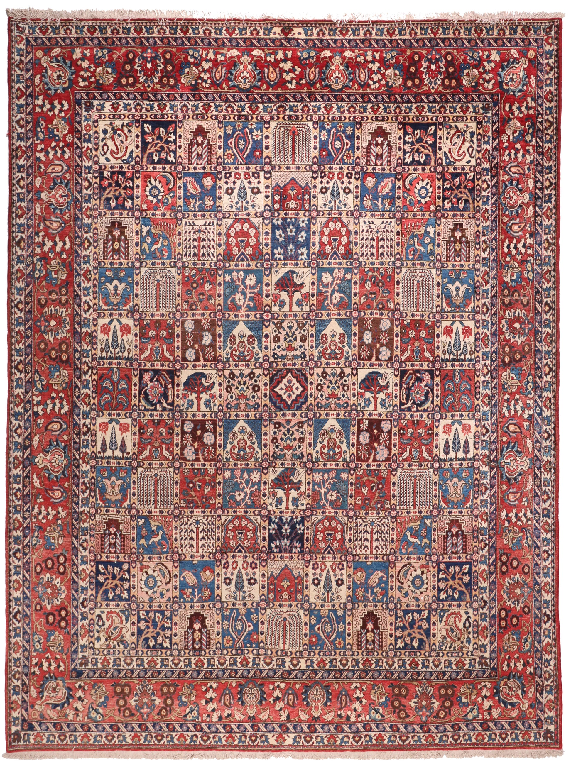 Decorative rug with intricate patterns and colors on a plain background