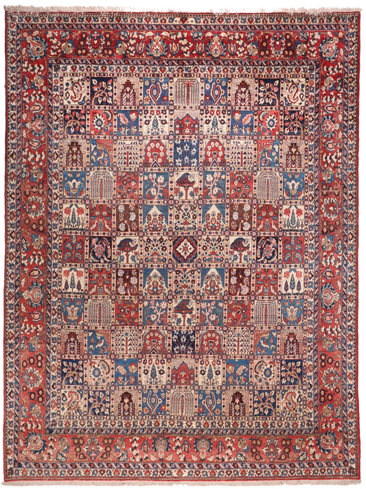 Decorative rug with intricate patterns and colors on a plain background
