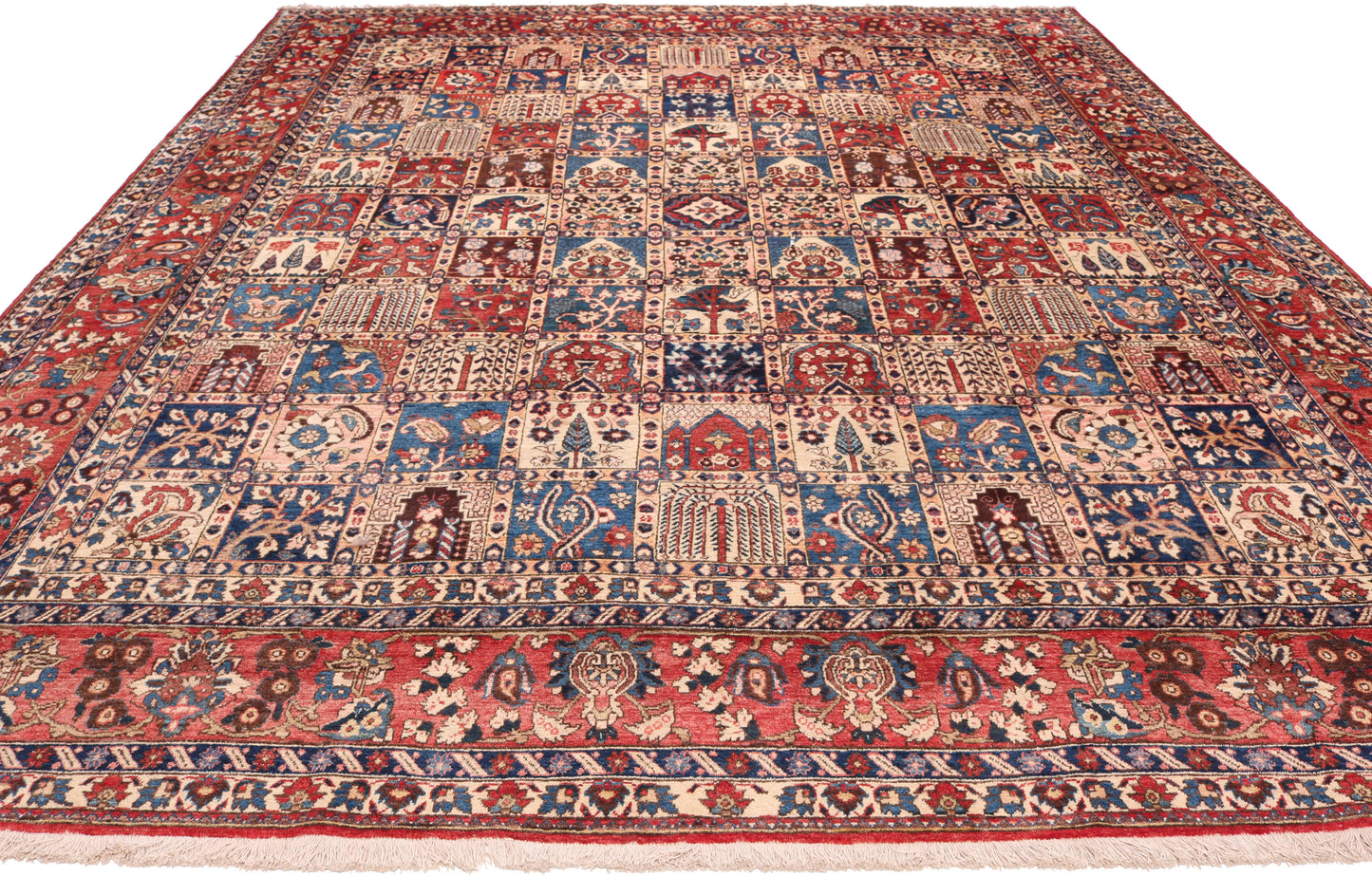 Decorative rug with intricate patterns on a white background