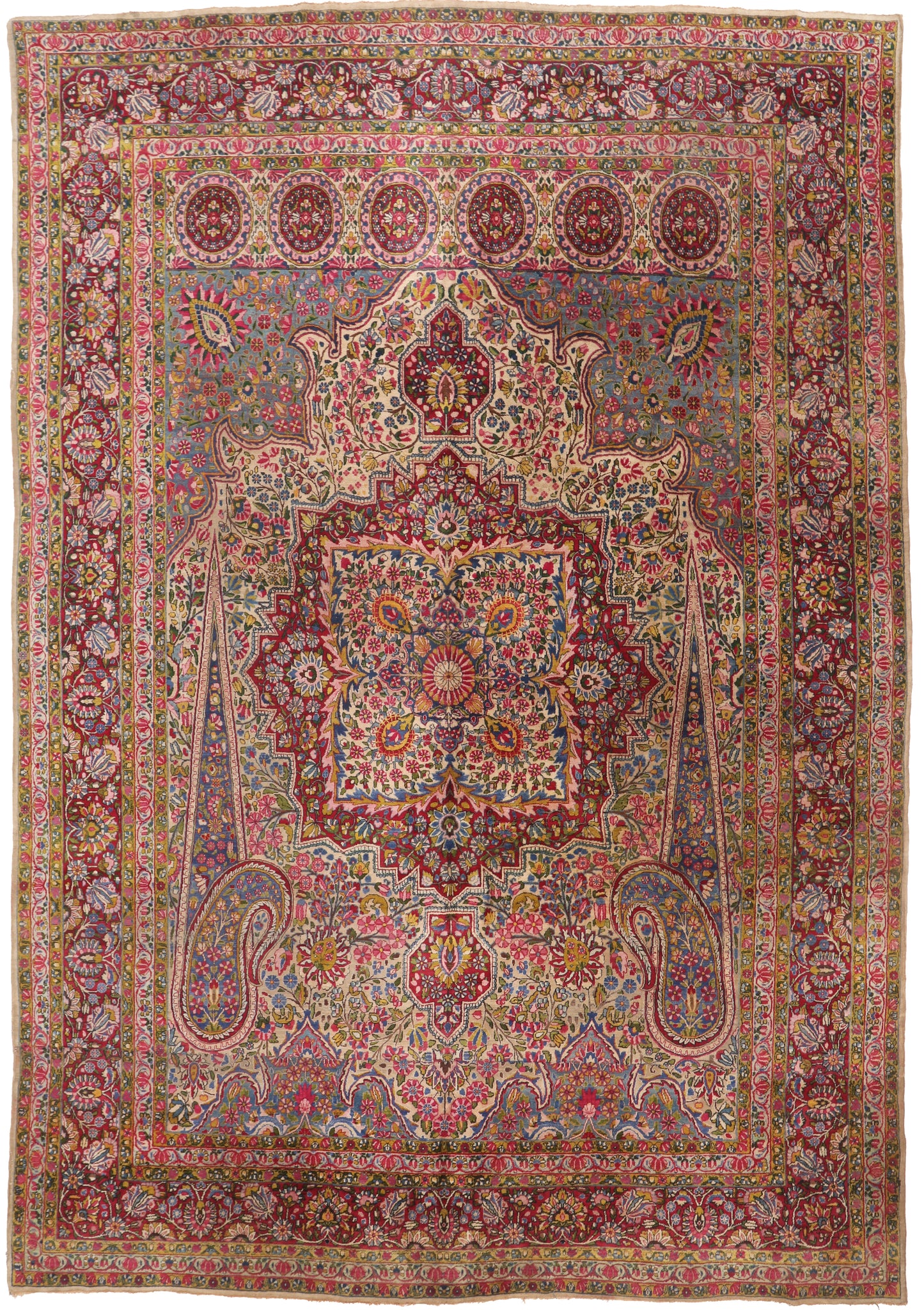 Large traditional Persian wool rug Circa 1910 featuring a grand floral medallion and intricate borders in mixed rose and purple tones, 400x276cm for 5-day hire.