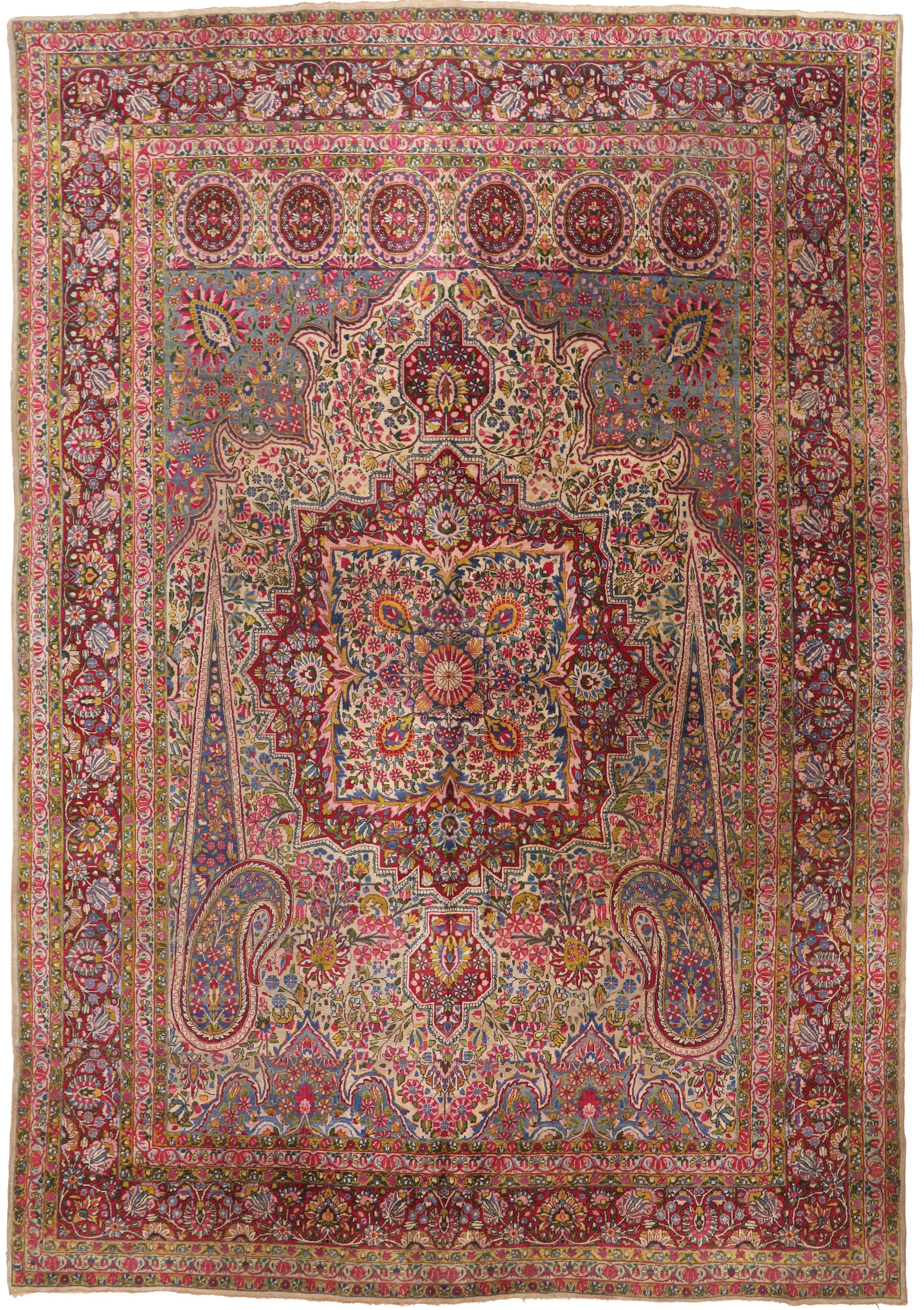 Large traditional Persian wool rug Circa 1910 featuring a grand floral medallion and intricate borders in mixed rose and purple tones, 400x276cm for 5-day hire.