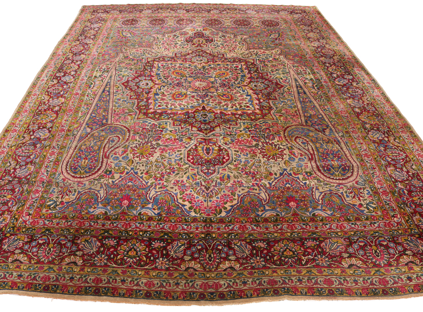 Wide-angle view of a 13x9ft traditional antique rug, showing the expansive pattern and scale suitable for grand event halls and film sets.