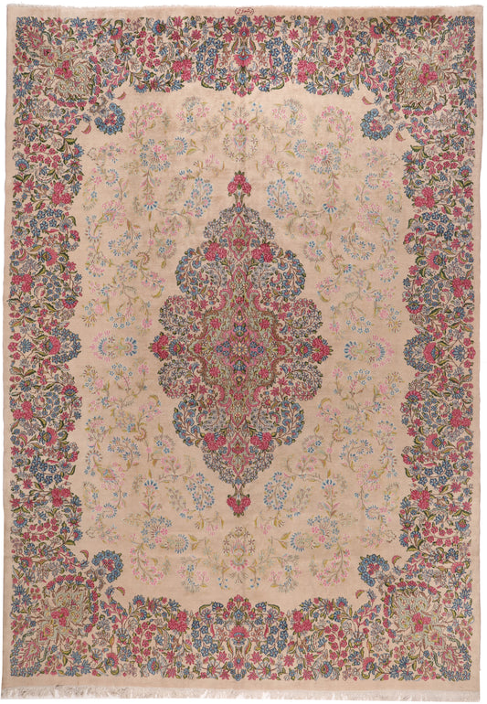Decorative rug with intricate floral patterns and a central medallion on a beige background.