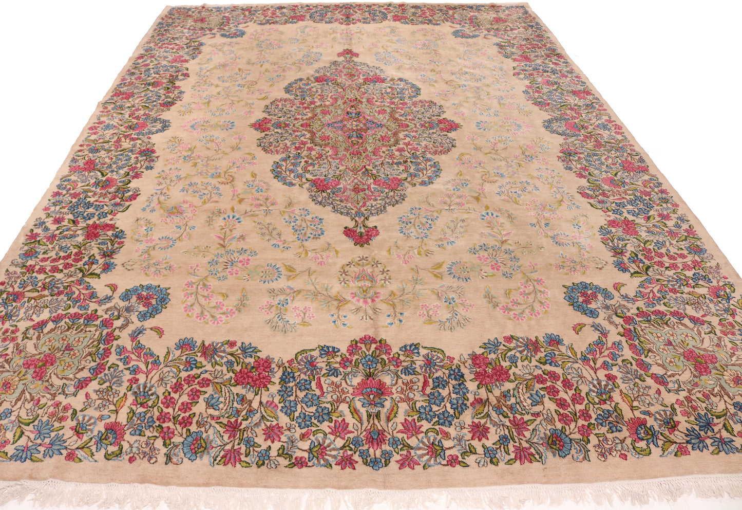 Decorative rug with intricate patterns on a beige background