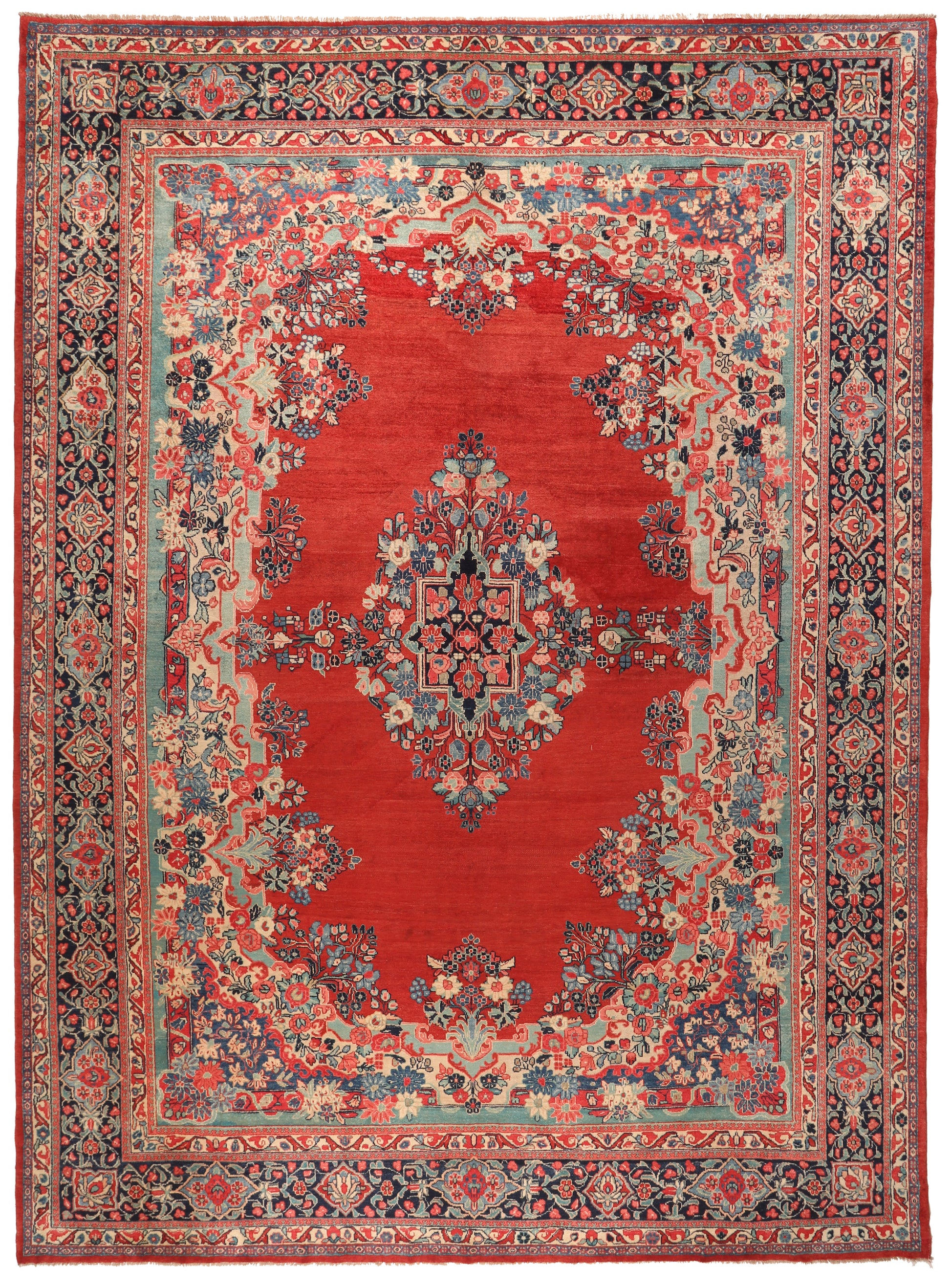 Decorative rug with intricate patterns and a prominent red center