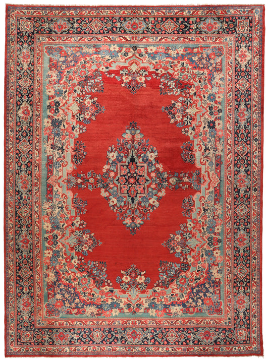 Decorative rug with intricate patterns and a prominent red center