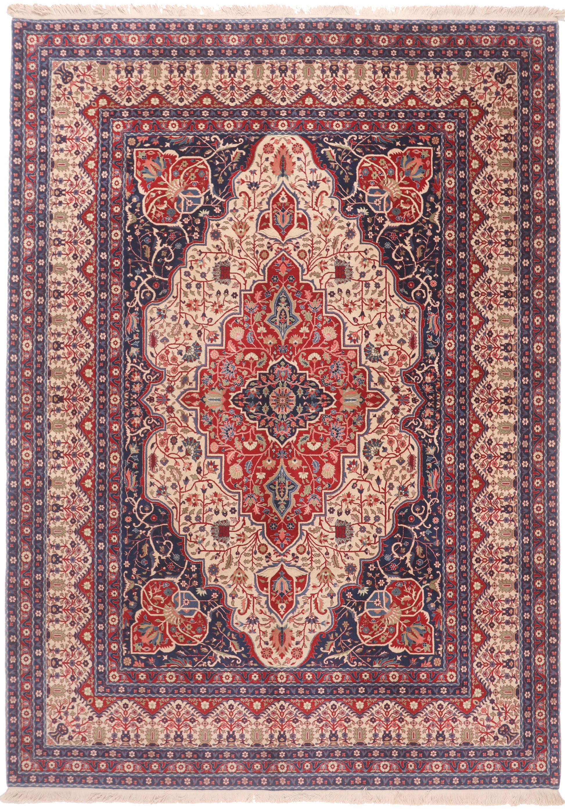 Decorative rug with intricate patterns in red, blue, and beige.
