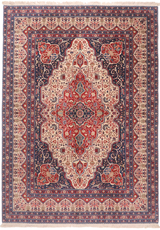 Decorative rug with intricate patterns in red, blue, and beige.