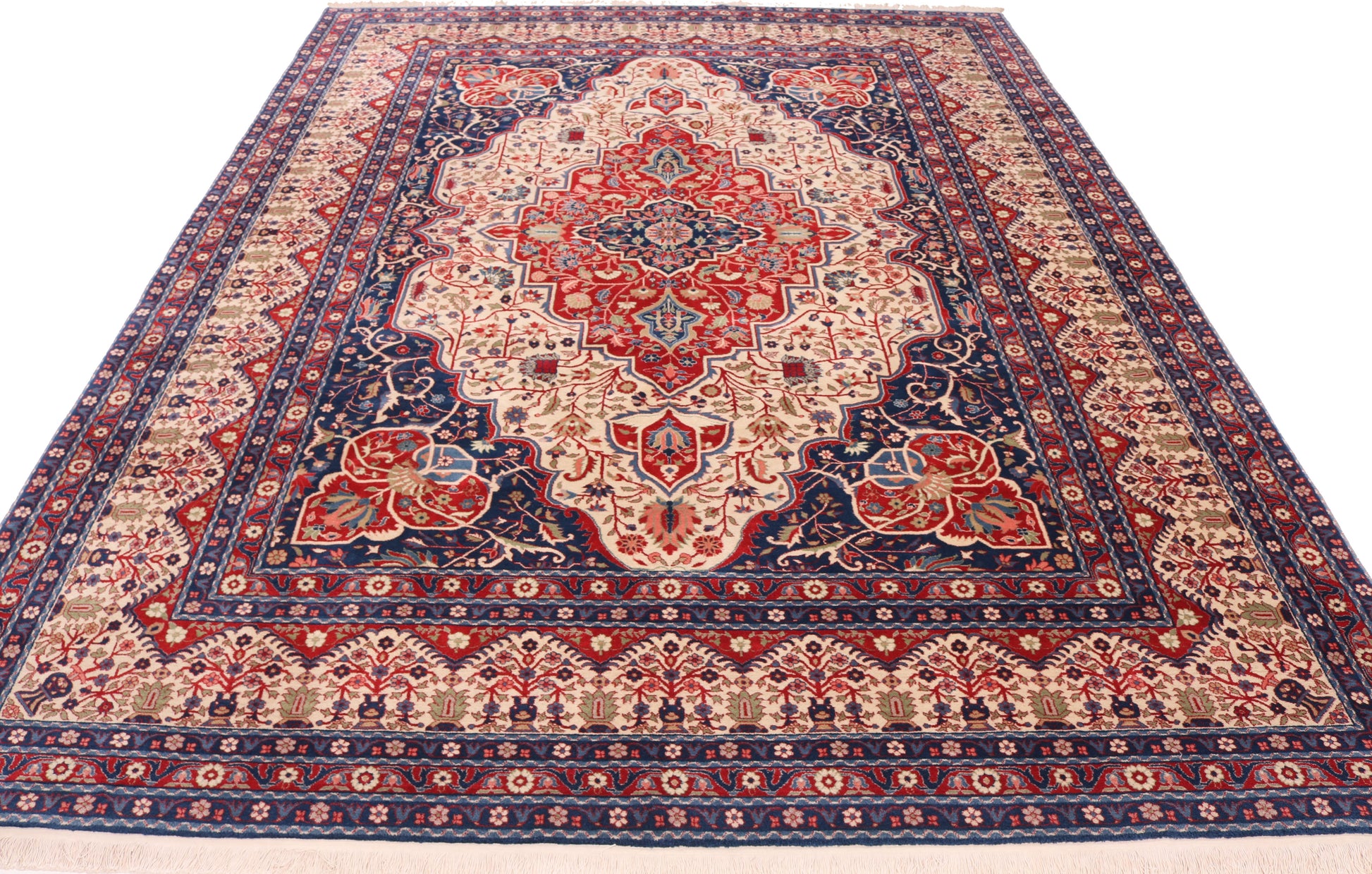 Decorative rug with intricate patterns on a plain background