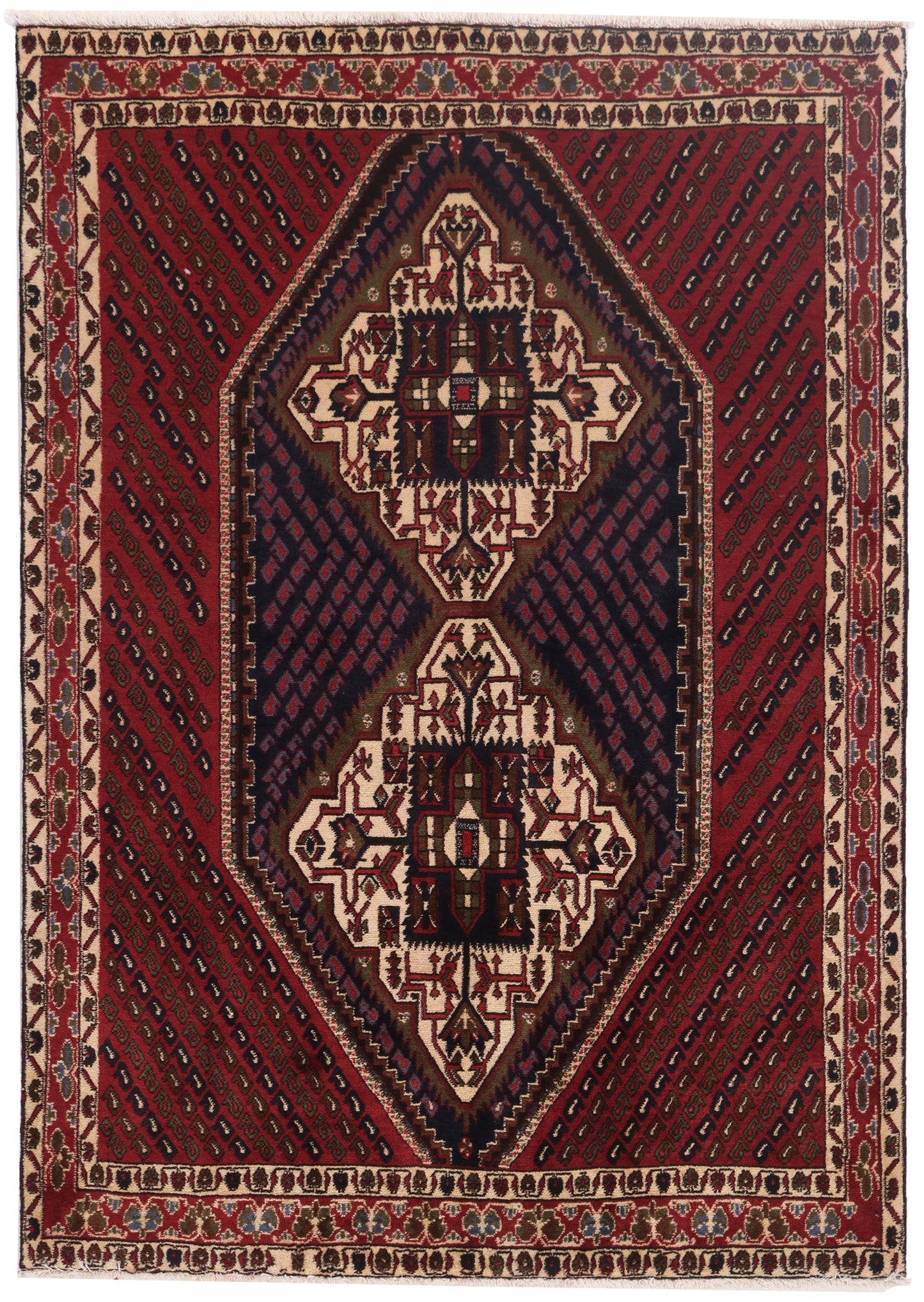 Decorative rug with geometric pattern on a red background