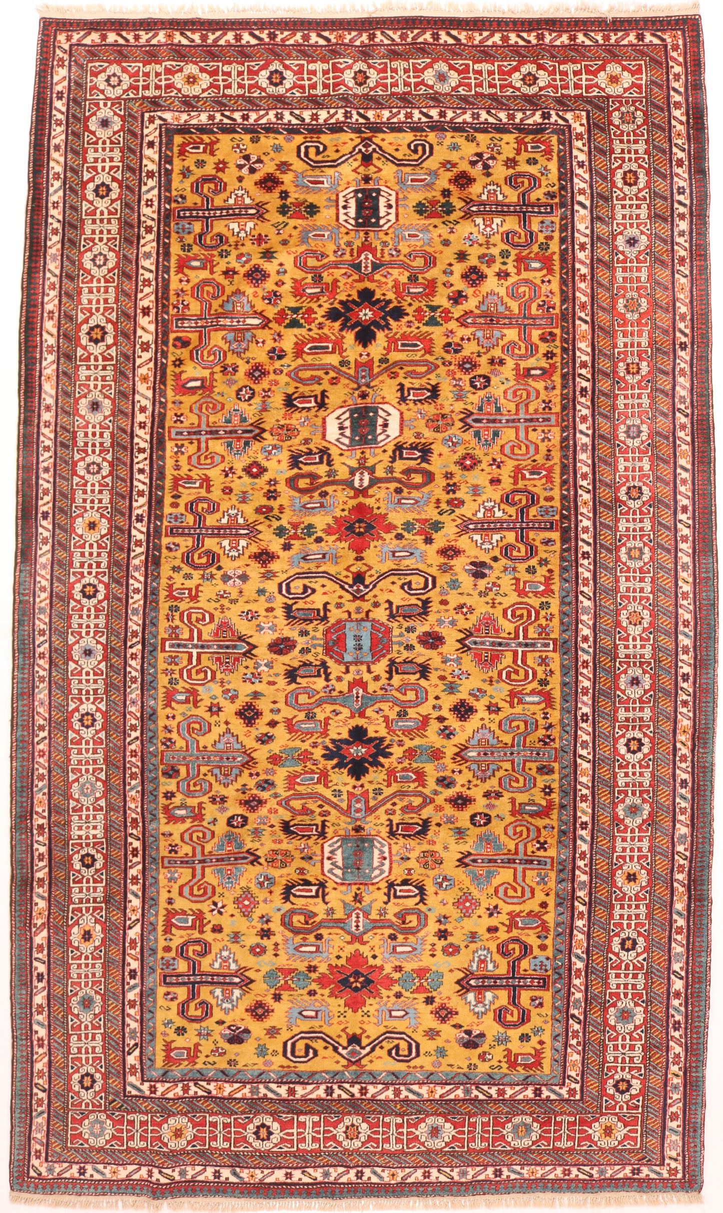 Decorative rug with intricate patterns and colors on a yellow background